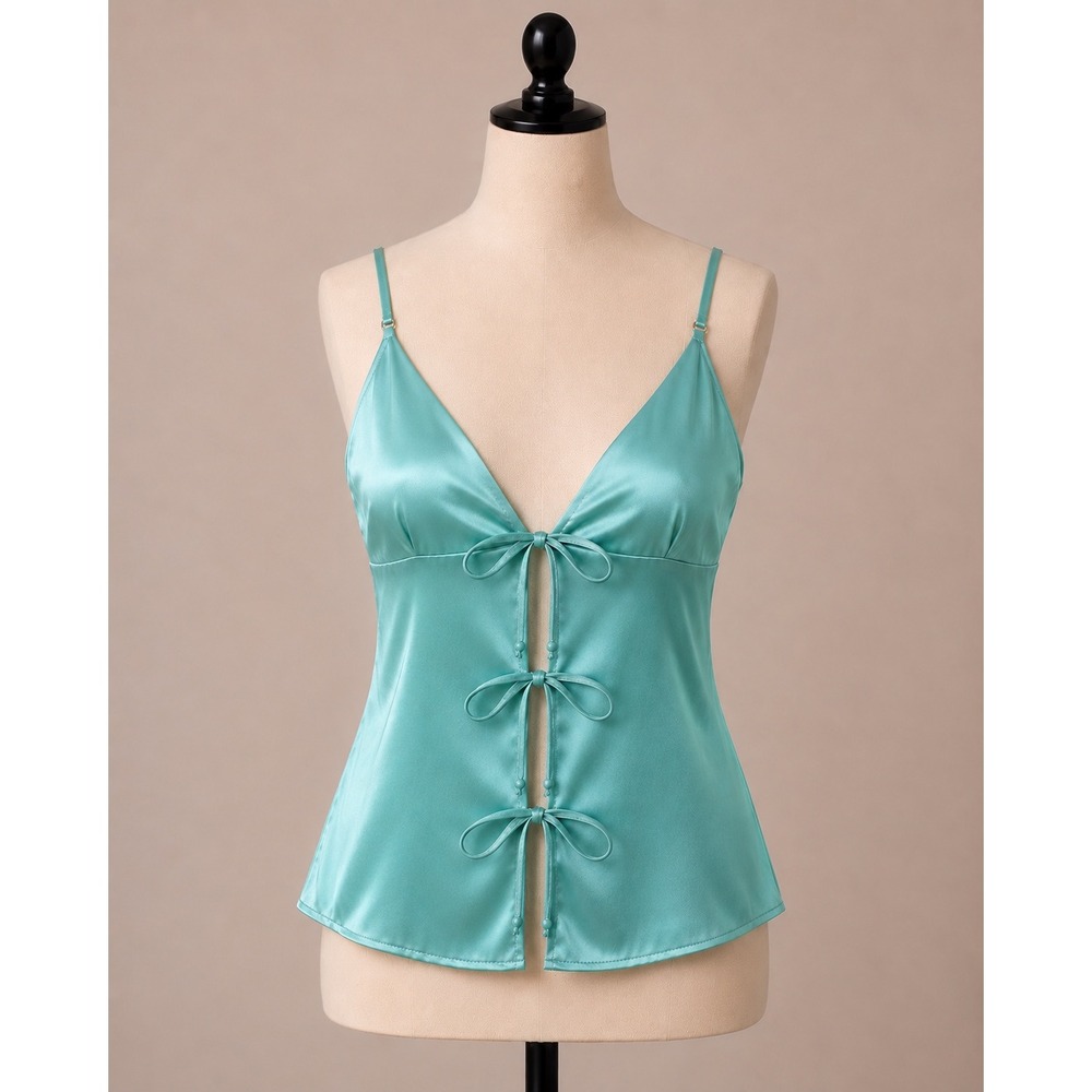 Zara Satin‎ Tie-Front Camisole Top Size M Seafoam Green V-Neck Spaghetti Strap